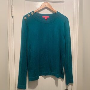Lilly Pulitzer Morgan Teal Sweater with Rhinestone Buttons L